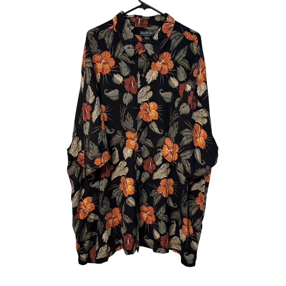 David Taylor Collection 4XL Floral Hawaiian Shirt Mens Black Orange Rayon